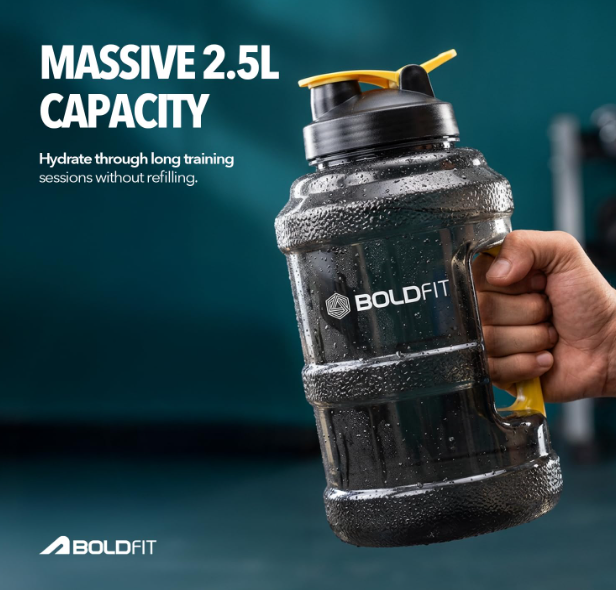 Boldfit 2.5 Liter black yellow gym water bottle for fitness workouts and sports hydration