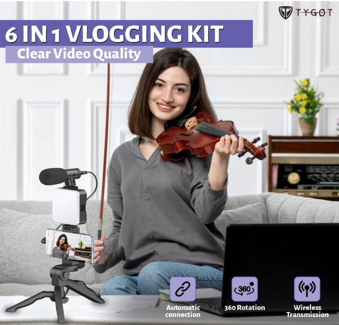Tygot Vlogging Kit 6 in 1 with tripod microphone and LED light for YouTube setup gadgets