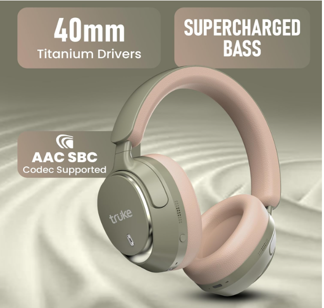 Truke Aura Bass V2 over ear headphone with 50 hours battery life and 40mm titanium drivers in Forest Green color