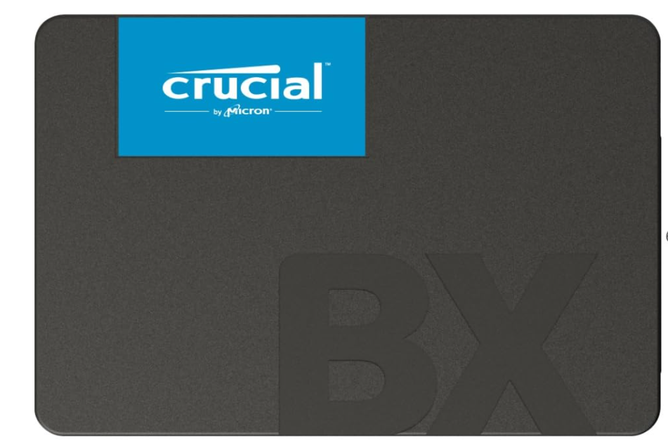 Front view of Crucial BX500 SSD showing SATA connector and compact 2.5-inch design.