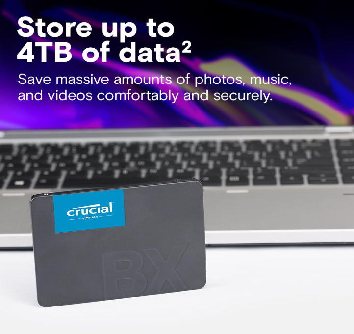 Front view of Crucial BX500 SSD showing SATA connector and compact 2.5-inch design.