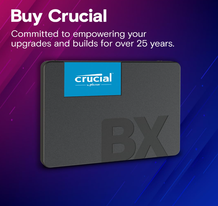 Front view of Crucial BX500 SSD showing SATA connector and compact 2.5-inch design.