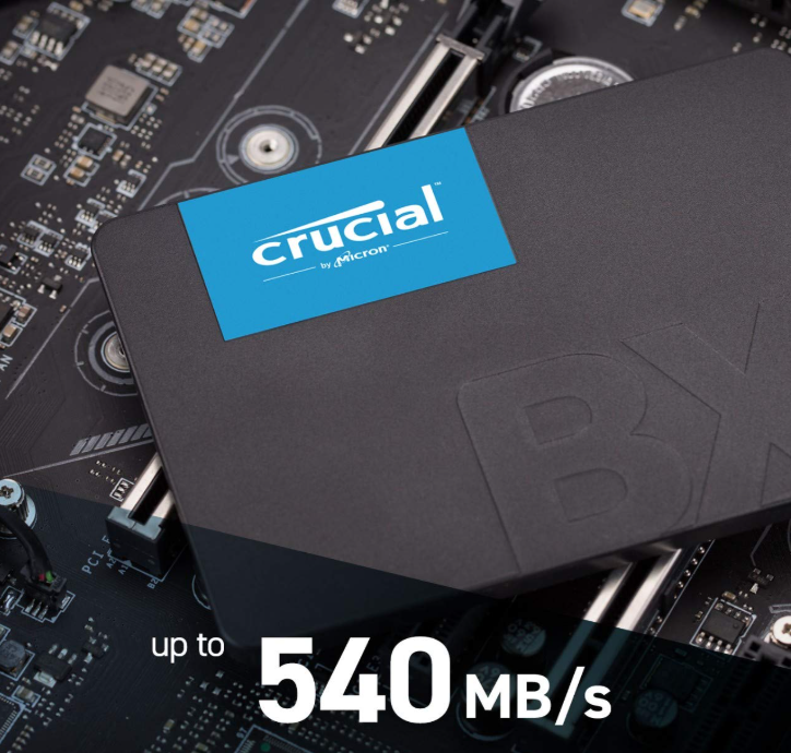 Front view of Crucial BX500 SSD showing SATA connector and compact 2.5-inch design.