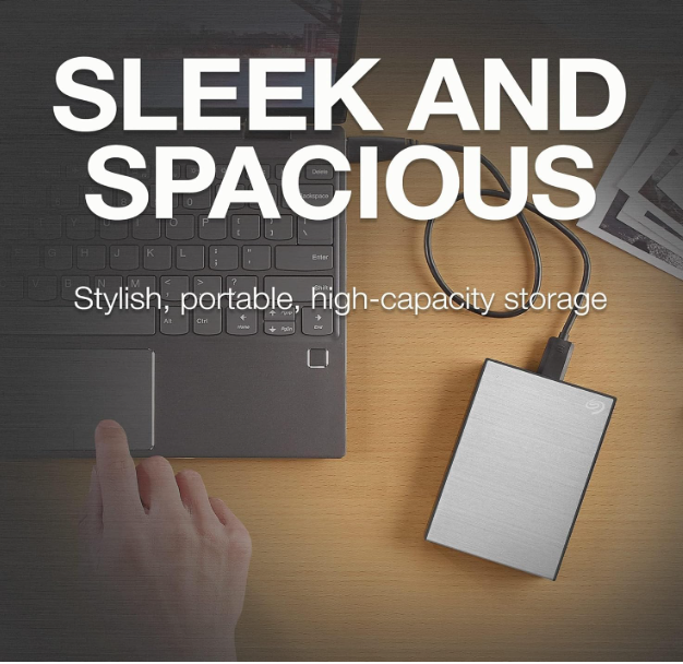 seagate HDD one touch 5TB portable external hard drive in block with sleek brushes metal finish